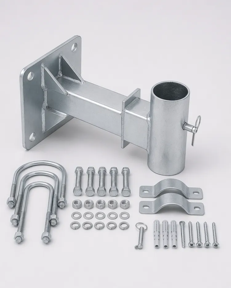 Solar pole light bracket assembly showing spigot connection, anti-rotation pin, and hardware kit