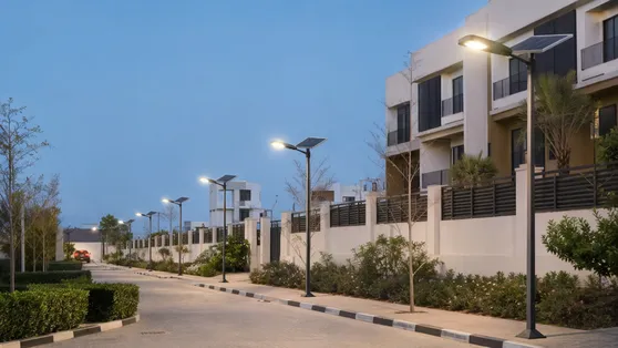 Warm-white solar pole lights along a residential compound road at evening