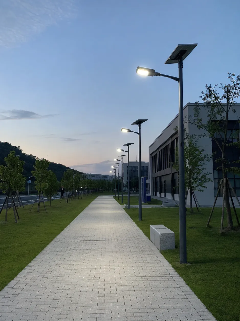 JXSOL solar pole light installed on a pedestrian pathway at dusk, showing even illumination coverage