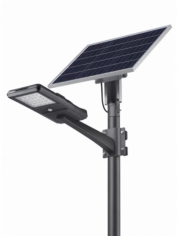 JXSOL solar pole light showing die-cast aluminum housing and monocrystalline panel