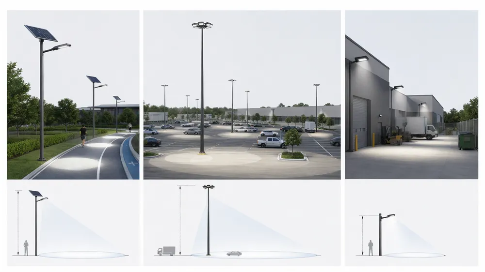 Visual comparison of solar pole lights versus parking lot lights and area lights showing mounting height differences and coverage patterns