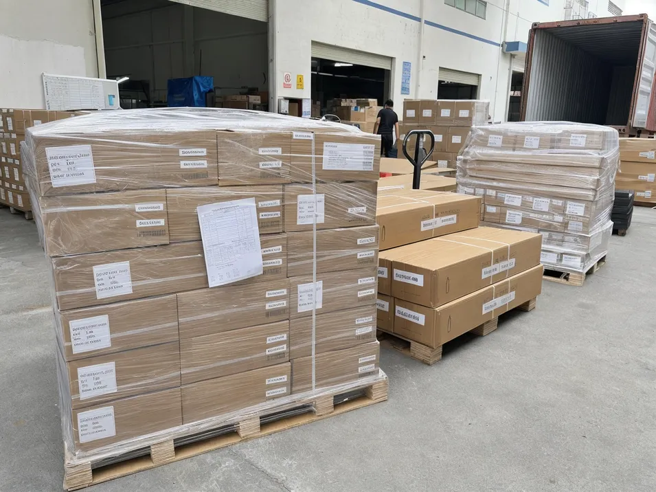 Solar yard light cartons with batch code labels and consolidated packing list ready for container loading