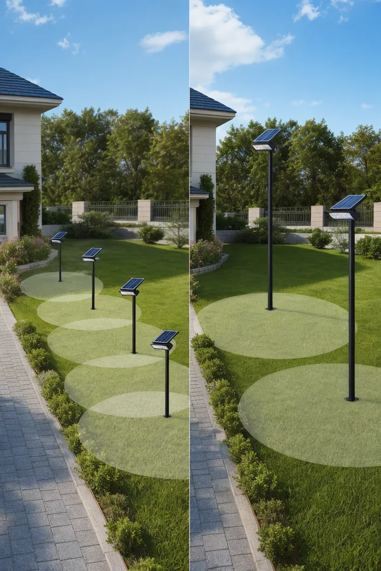 Solar yard light mounting height and coverage area comparison at 3 meters and 5 meters