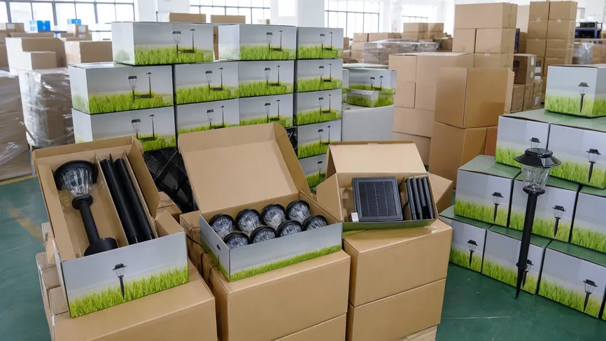 Solar backyard lights in retail-ready private-label packaging for garden center distribution
