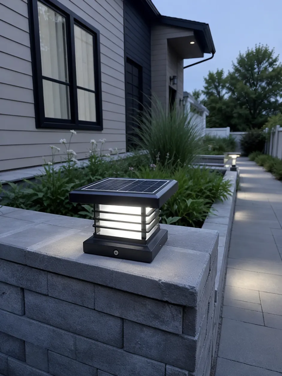 JXSOL solar yard light fixture installed in a residential courtyard at dusk