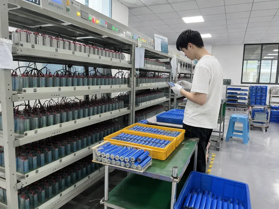 Battery cells being matched by capacity and internal resistance on aging test racks before pack assembly