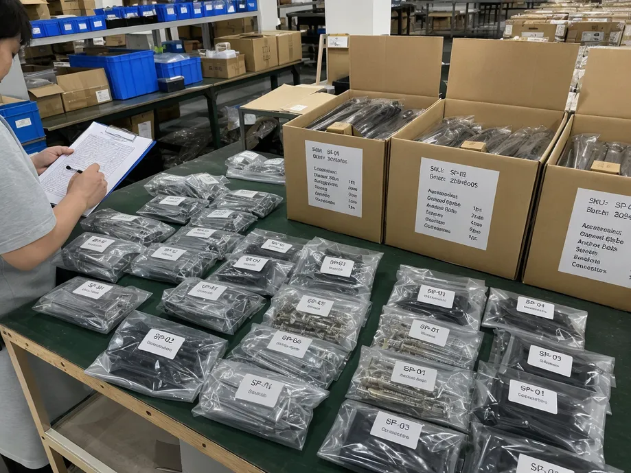 Labeled accessory bags organized by SKU with consolidated packing list for mixed-SKU solar pathway light orders