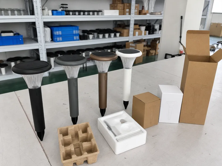 OEM/ODM solar pathway light customization showing housing color options, branding placement, and packaging variants
