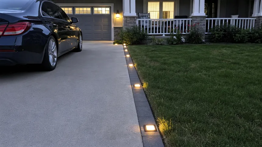 Solar driveway lights installed at ground level marking a residential driveway edge