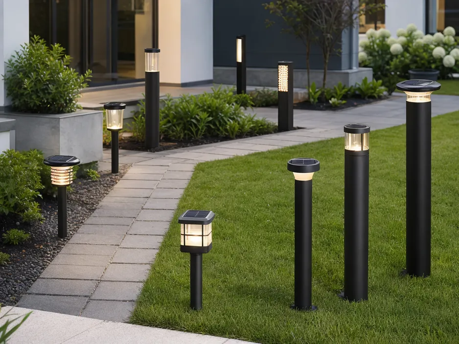 JXSOL solar pathway and bollard lights product range displayed in outdoor landscape setting