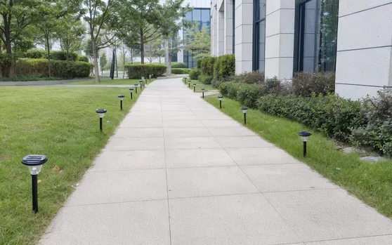 Solar walkway lights for campus paths and commercial walkways with consistent spacing