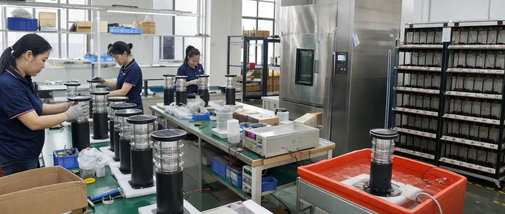 JXSOL quality control testing for solar bollard lights including battery aging racks, LED lumen binning, and IP waterproof inspection equipment