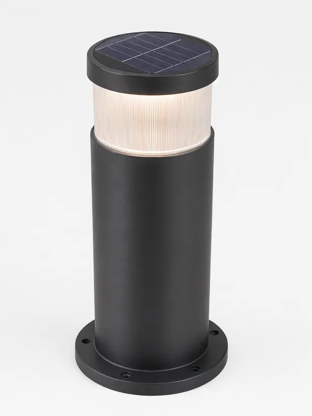 Solar bollard light specification detail showing housing material and solar panel integration