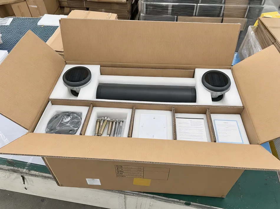 Solar bollard light export packing with foam inserts and corrugated dividers inside carton