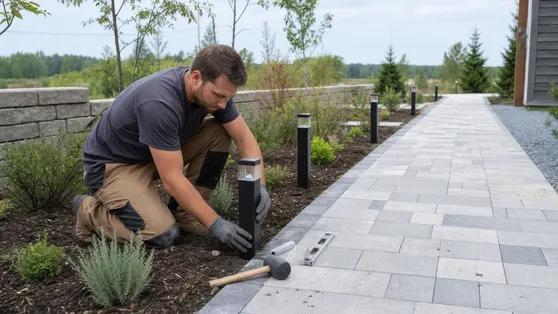 Landscape contractor installing solar bollard lights along a paved path