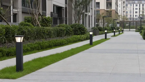 Solar bollard lights along a gated community walkway