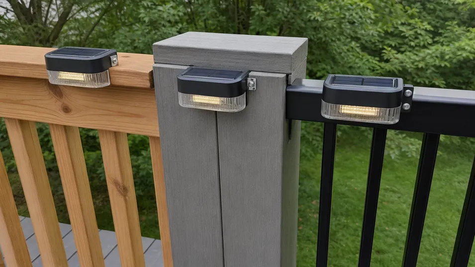 Solar deck lights installed on wood, composite, and metal railing surfaces showing different anchor configurations