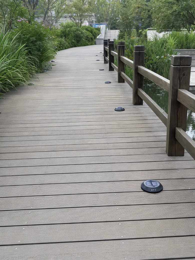 Solar deck lights used as low-profile surface markers on a municipal boardwalk