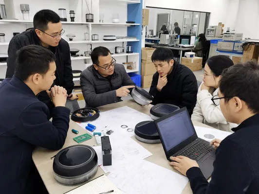 JXSOL R&D engineering team reviewing OEM solar deck light customization project