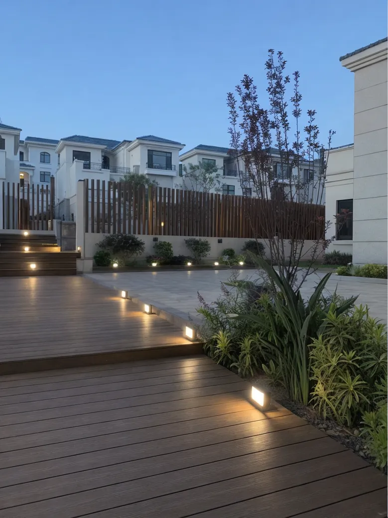 Solar deck lights installed as part of a residential development outdoor amenity package