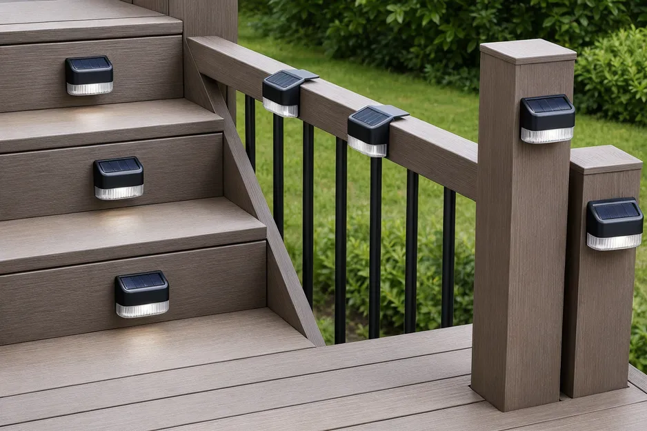 Solar deck lights lineup showing stair riser, railing mount, and post edge configurations