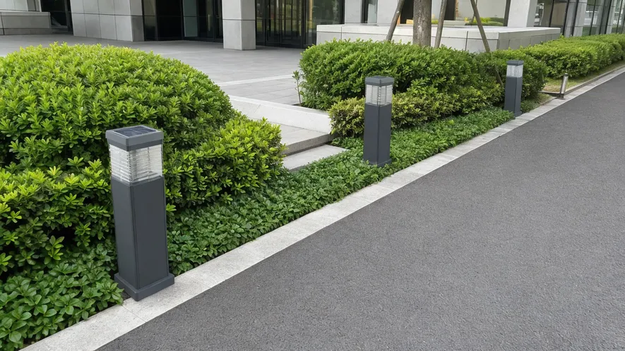 Compact bollard-style solar driveway light, 40-80cm tall, installed at a commercial entrance road