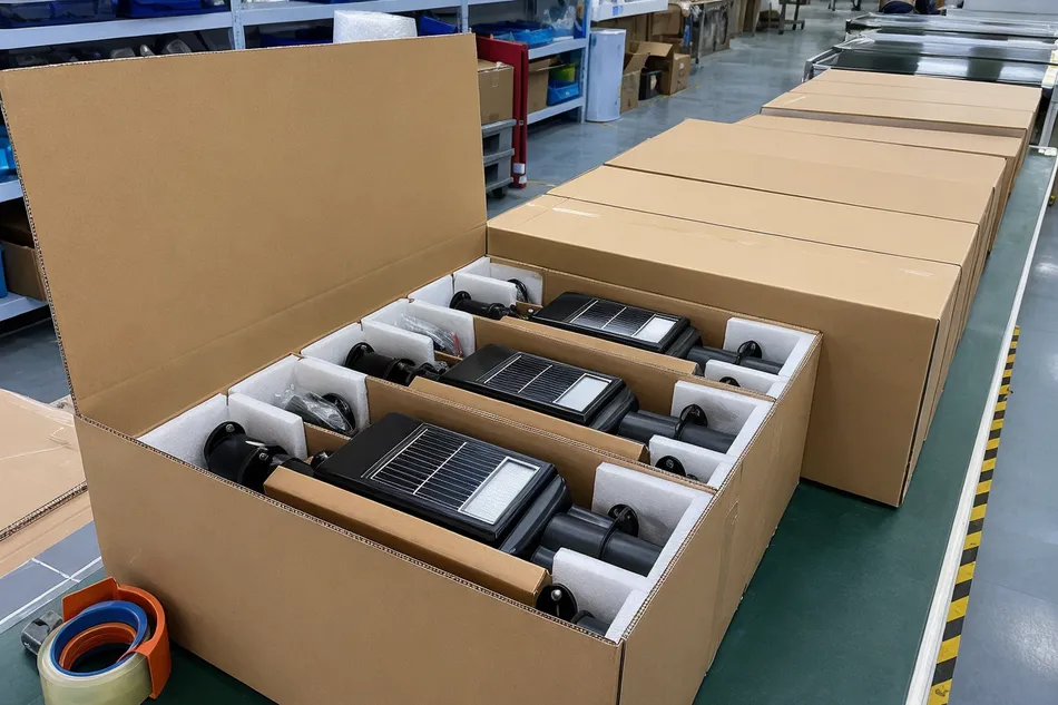 Export packing configuration for solar LED driveway lights showing master cartons with internal dividers and foam protection