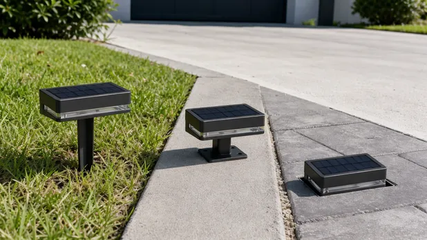 Solar driveway light installation methods showing ground stake, surface mount, and flush embed options