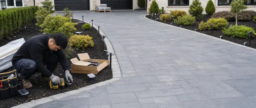 Landscape contractor installing solar marker lights as part of a driveway package