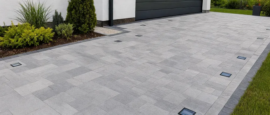 Solar paver lights embedded in a driveway hardscape installation
