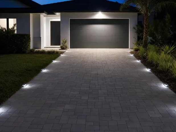 Surface-mounted solar driveway edge markers illuminating a paved residential driveway at night