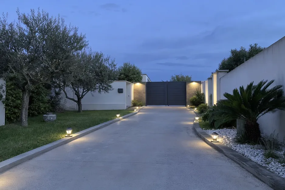 Solar driveway lights installed along a residential entrance lane at dusk, showing warm LED illumination marking the driveway edges