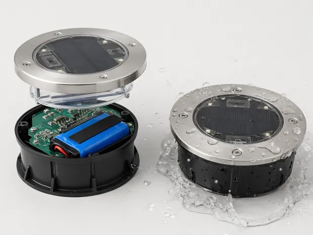 Solar driveway light specification comparison showing LiFePO4 battery and IP67 housing detail