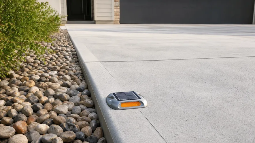 Low-profile surface-mounted solar driveway marker light, 8-15cm height, flush-mounted on driveway edge