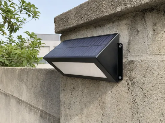 Solar fence wall light side-mounted on masonry wall with angled panel
