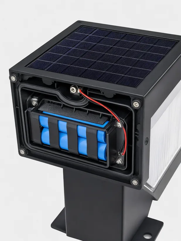Solar fence light specification detail showing monocrystalline panel and LiFePO4 battery compartment