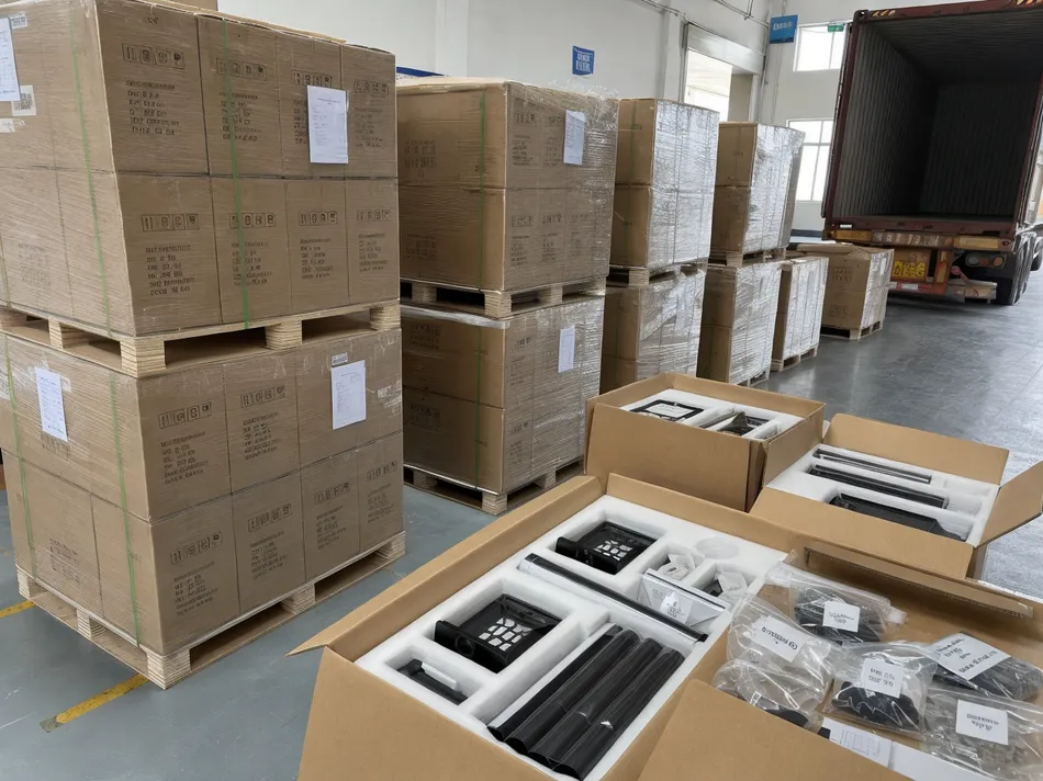 Solar pathway light export cartons configured for 40HQ container loading with foam inserts and labeled accessory bags