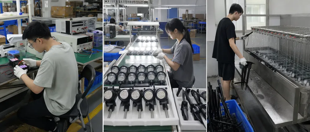 JXSOL factory quality control inspection line showing battery matching, LED binning, and waterproof testing stations for solar pathway lights