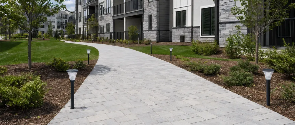 Solar pathway lights installed along a commercial landscape walkway in a residential development