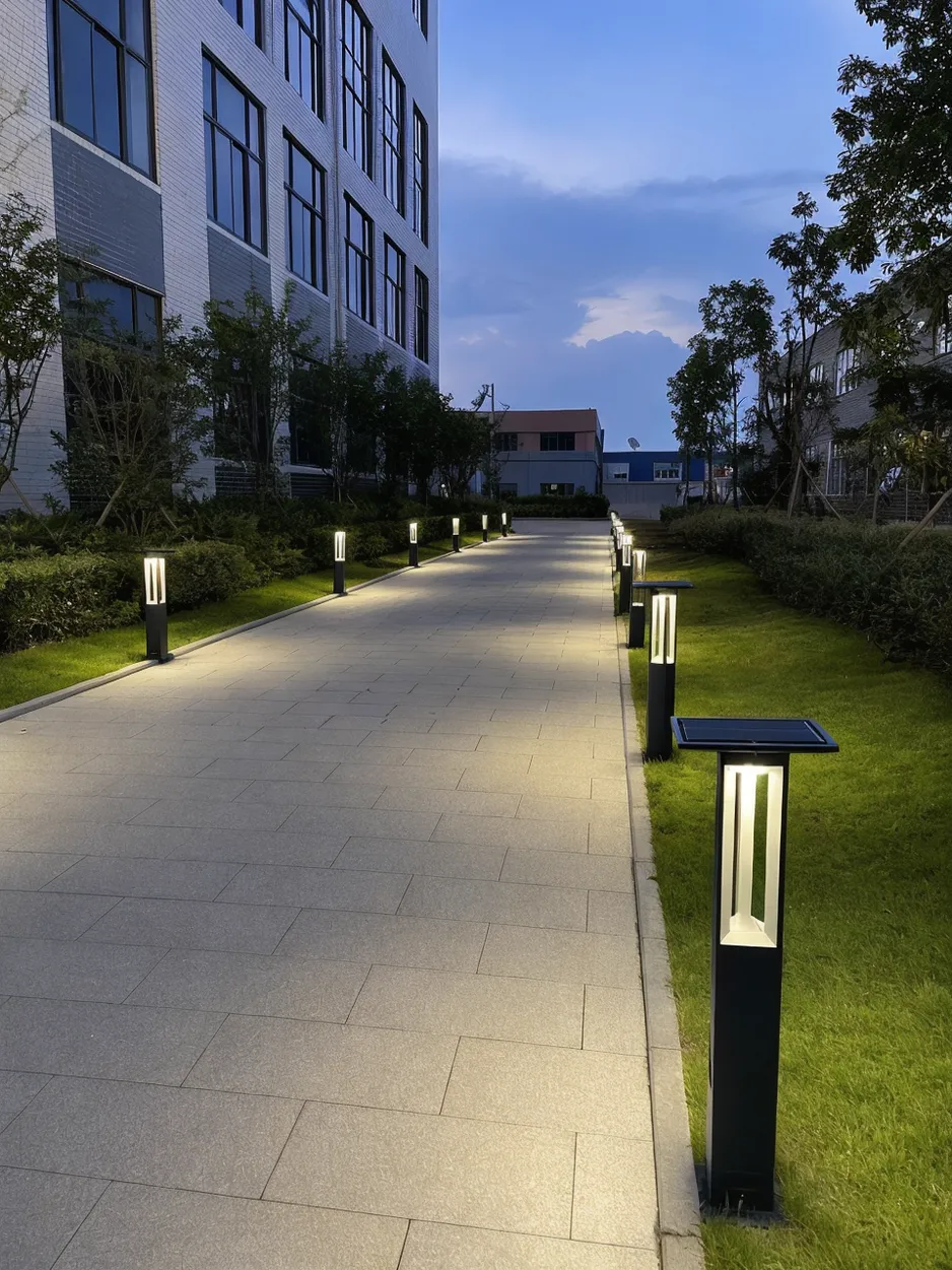 JXSOL solar pathway lights installed along a commercial landscape walkway at dusk