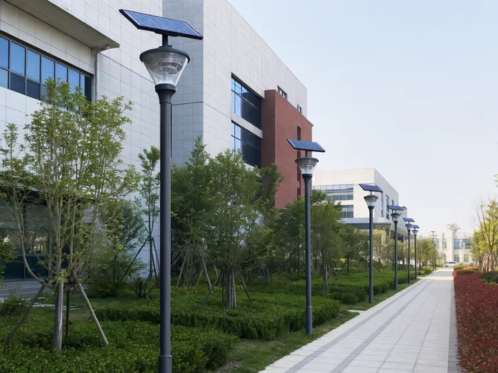 Solar post top lights installed along a commercial campus pedestrian route