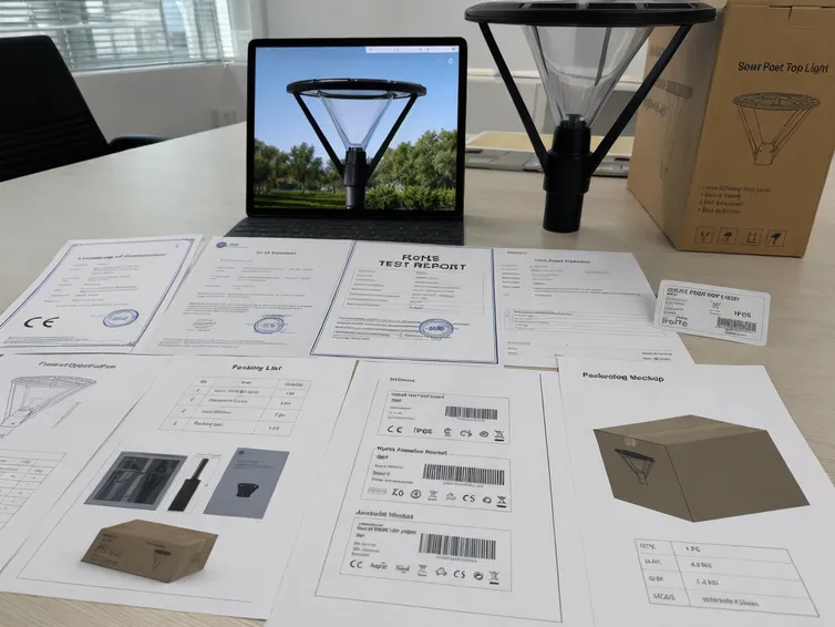 JXSOL export compliance documentation package including CE, RoHS, and IP certificates for solar post top lights