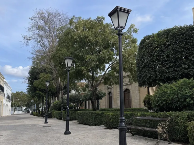 Solar post top lights installed along a heritage streetscape pedestrian route with period-appropriate lantern housing