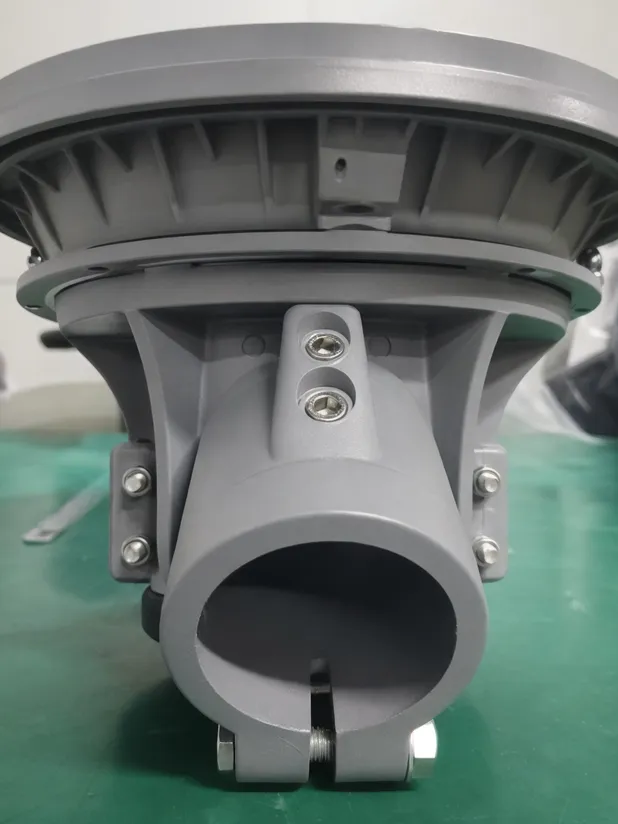 Solar post top light die-cast aluminum housing detail showing pole mount interface