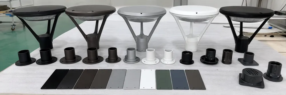 Solar post top light housing finish and configuration options showing multiple RAL color powder coat samples and mounting adapters