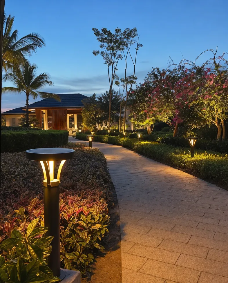 Solar post top lights illuminating a resort garden pathway with warm 2700K light at dusk