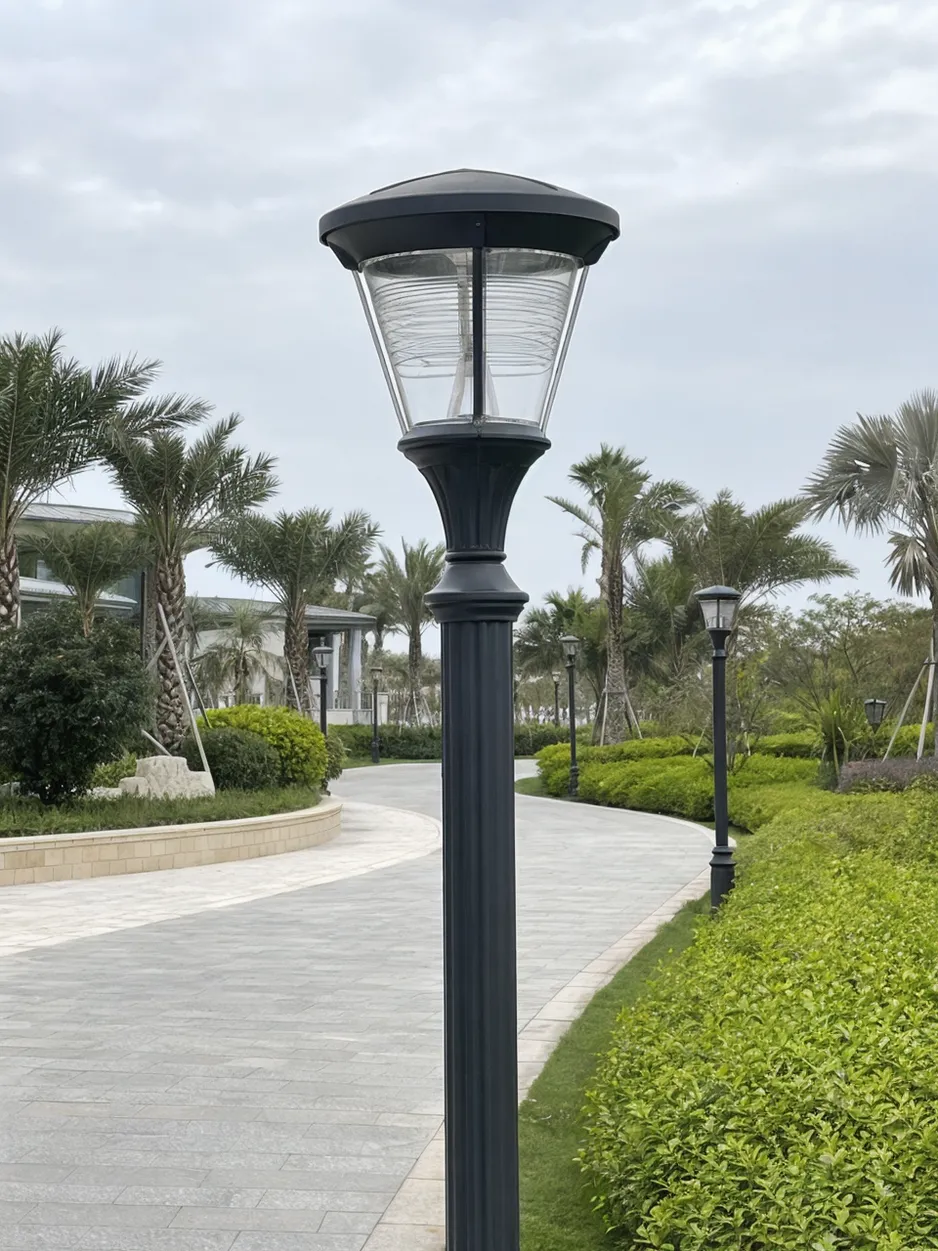 JXSOL solar post top light installed on decorative pole in commercial landscape setting