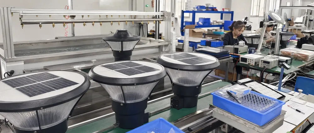 JXSOL factory quality control inspection line for solar post top lights showing waterproof testing and LED binning equipment