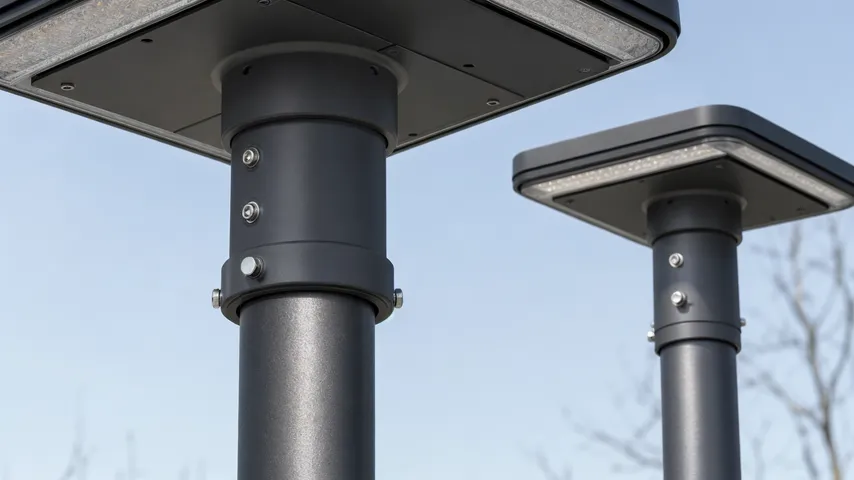 Solar post top light tenon mount interface showing pole diameter and adapter connection