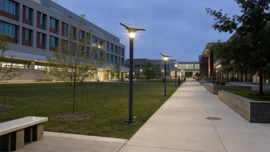 Solar walkway lights installed along a university campus pedestrian route at dusk
